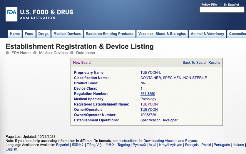 튜비콘 일체형 소변컵 'TUBYCON-U' 미국 FDA 등록 확인 화면 (TUBYCON-U all-in-one urine cup U.S. FDA registration)
